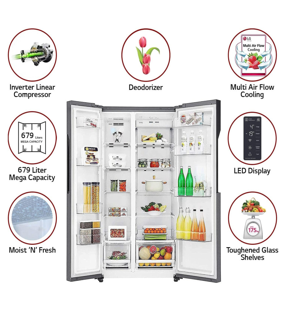 LG 679 Ltr Fridge, Inverter Linear Compressor, Multi Air Flow, Multi Digital Sensors, Express Freezing, Smart Diagnosis™, Side by Side Refrigerator