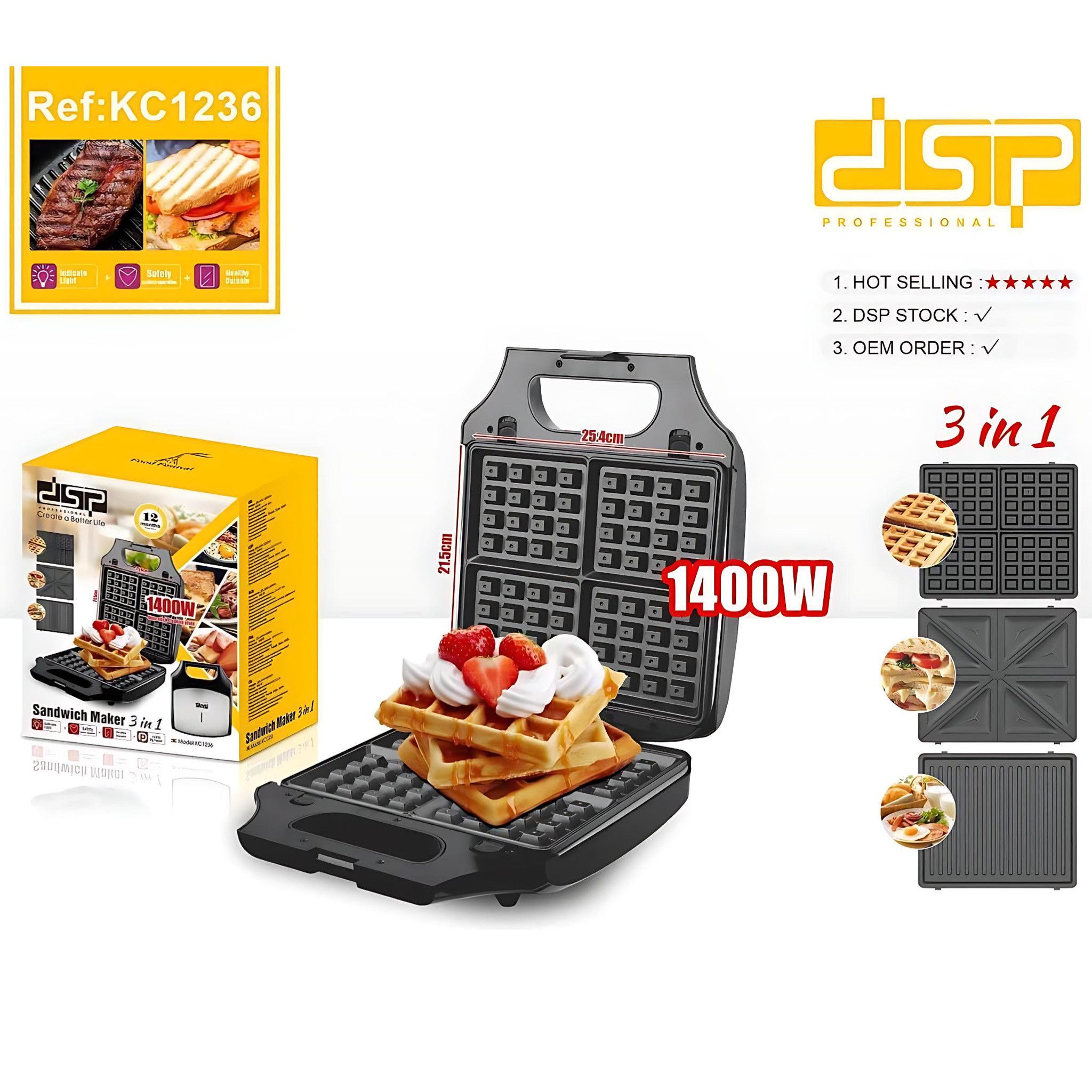 Dsp 4-Slice 3in1 Large Size Electric Waffle, Sandwich And Grill Maker