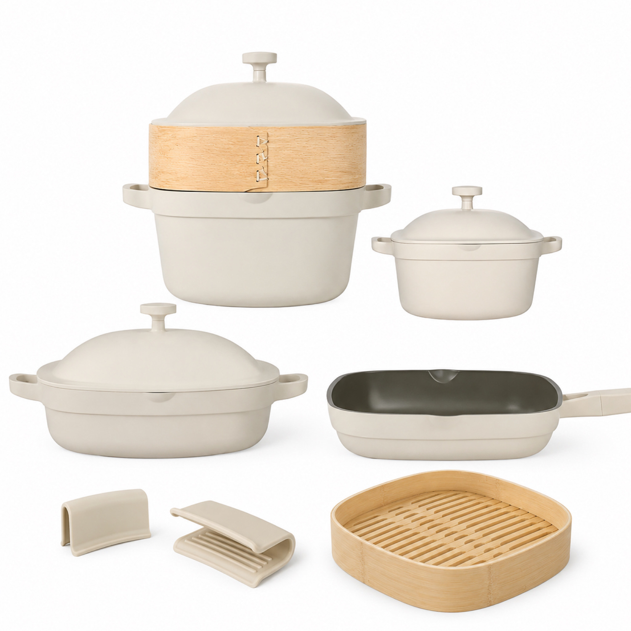 The Delicious Classic 10-Piece Ceramic Cookware Set with bamboo steamer