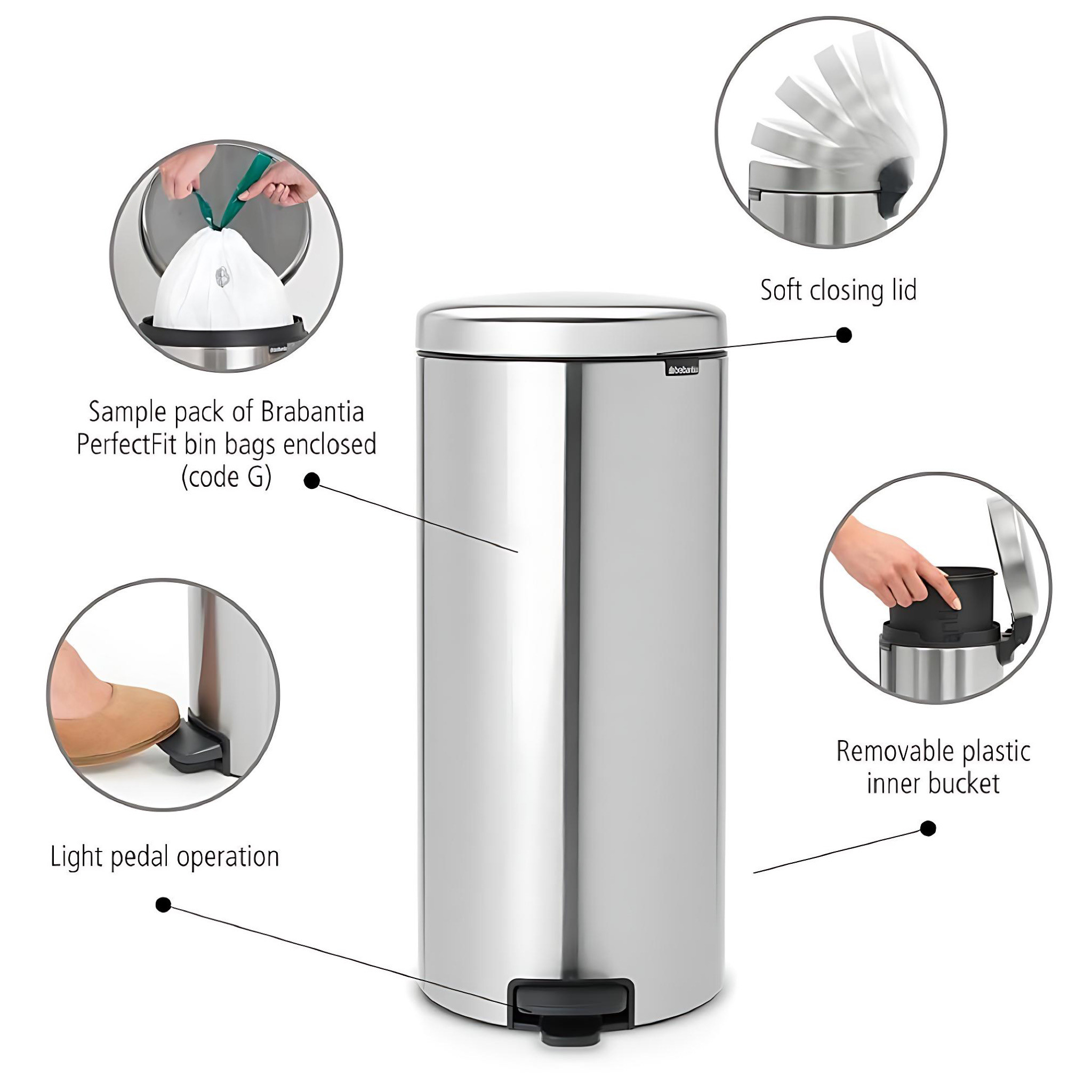 Brabantia 30L NewIcon Pedal Bin, Stainless Steel