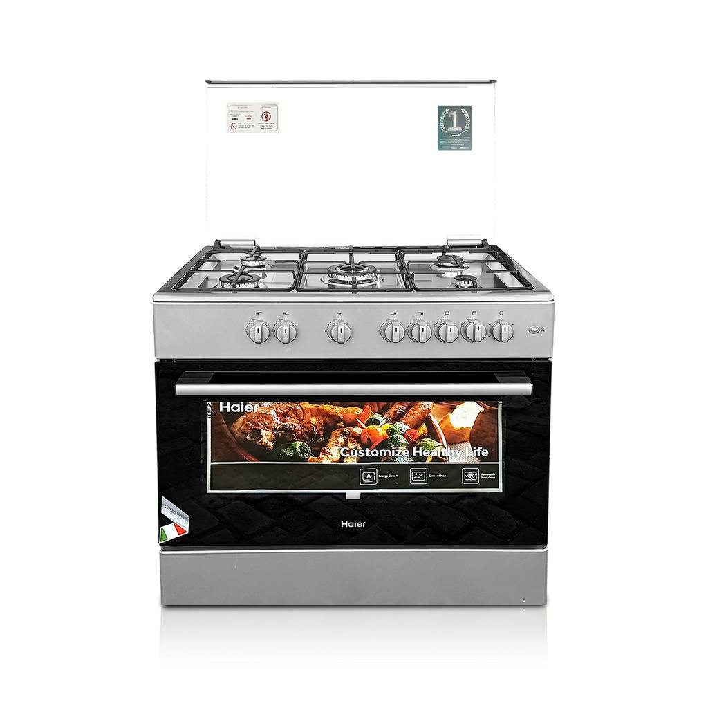 Haier 90×60 5 Burner commercial, Domestic Gas Cooker with Grill & Rotisserie | 110L Big Oven, Stainless Steel, Auto Ignition, Flame Failure Device, 2-Knob Oven Control - HCR6050EGS