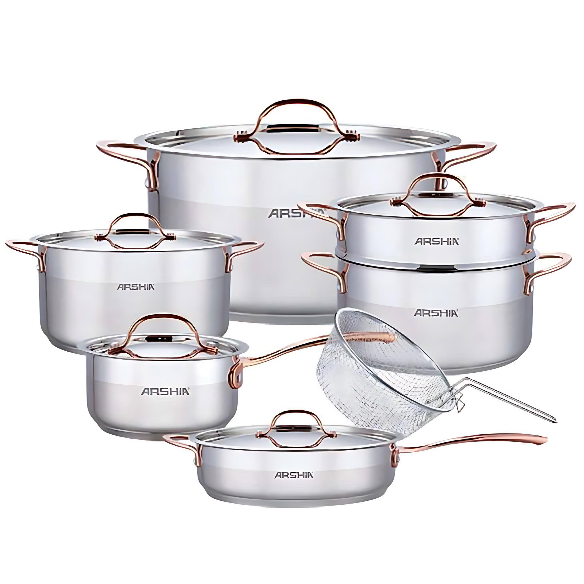 ARSHIA premium 14-piece stainless steel cookware set with gorgeous copper handles | SS064-3175