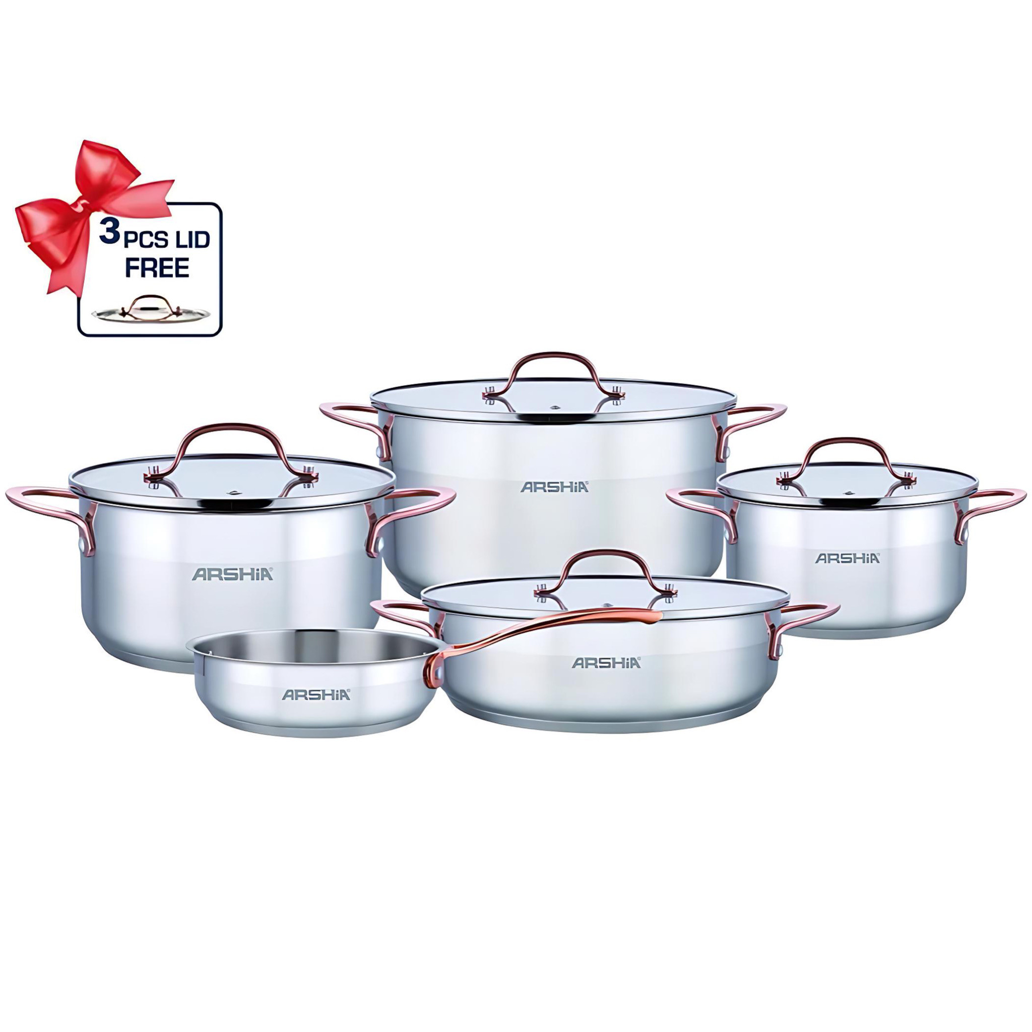 Meet the ASHIA premium 9-piece stainless steel with gorgeous copper handles cookware set | SS064-3175