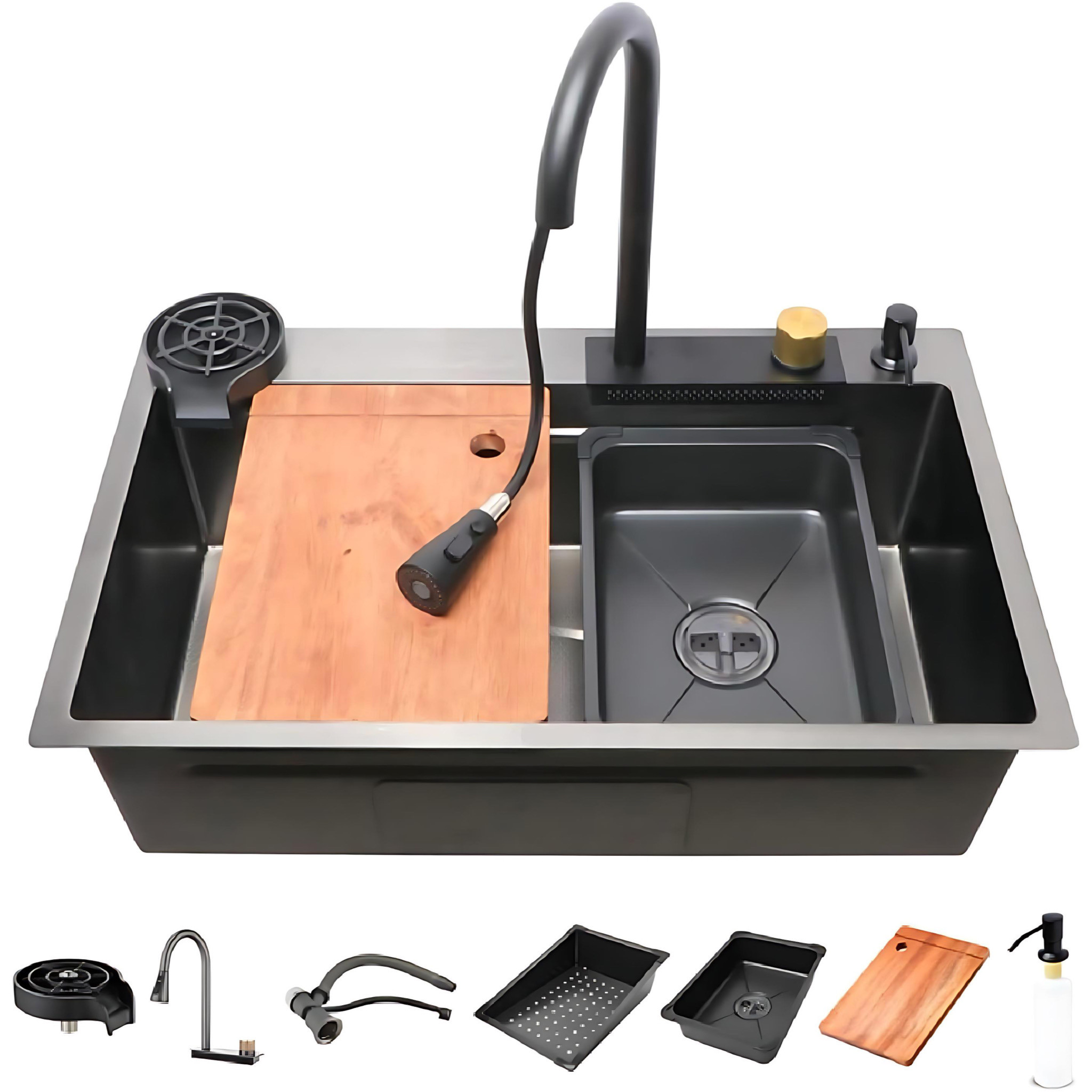 BL.P Complete Modern Worktop Sink Station With Integrated HONEYCOMB DESIGN, 304 Grade With Gray Finish, includes Chopping Board and 2 Stainless Steel Bowls And Soap Dispenser