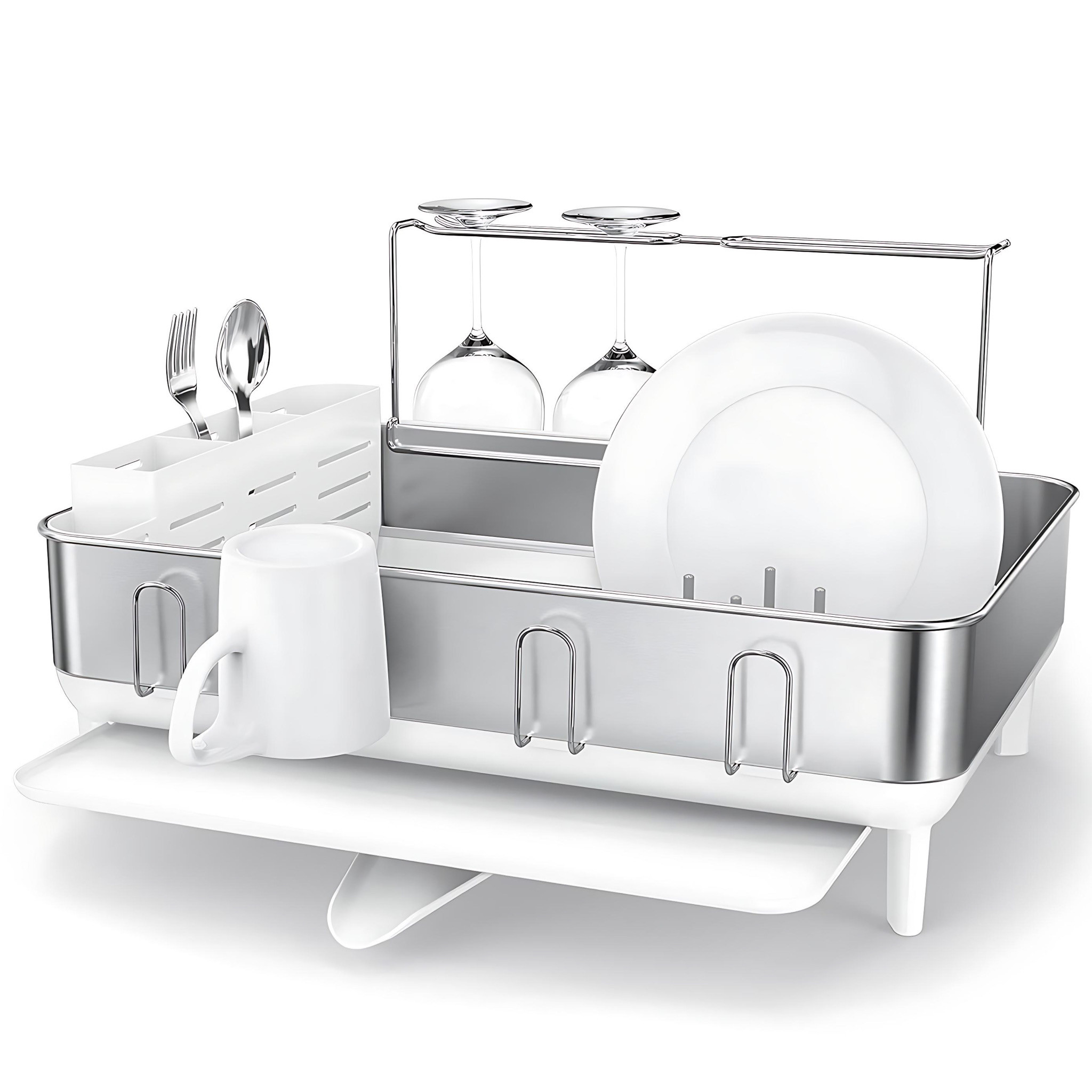 simplehuman Kitchen Dish Drying Rack With Swivel Spout, Fingerprint-Proof White With Stainless Steel Frame Body