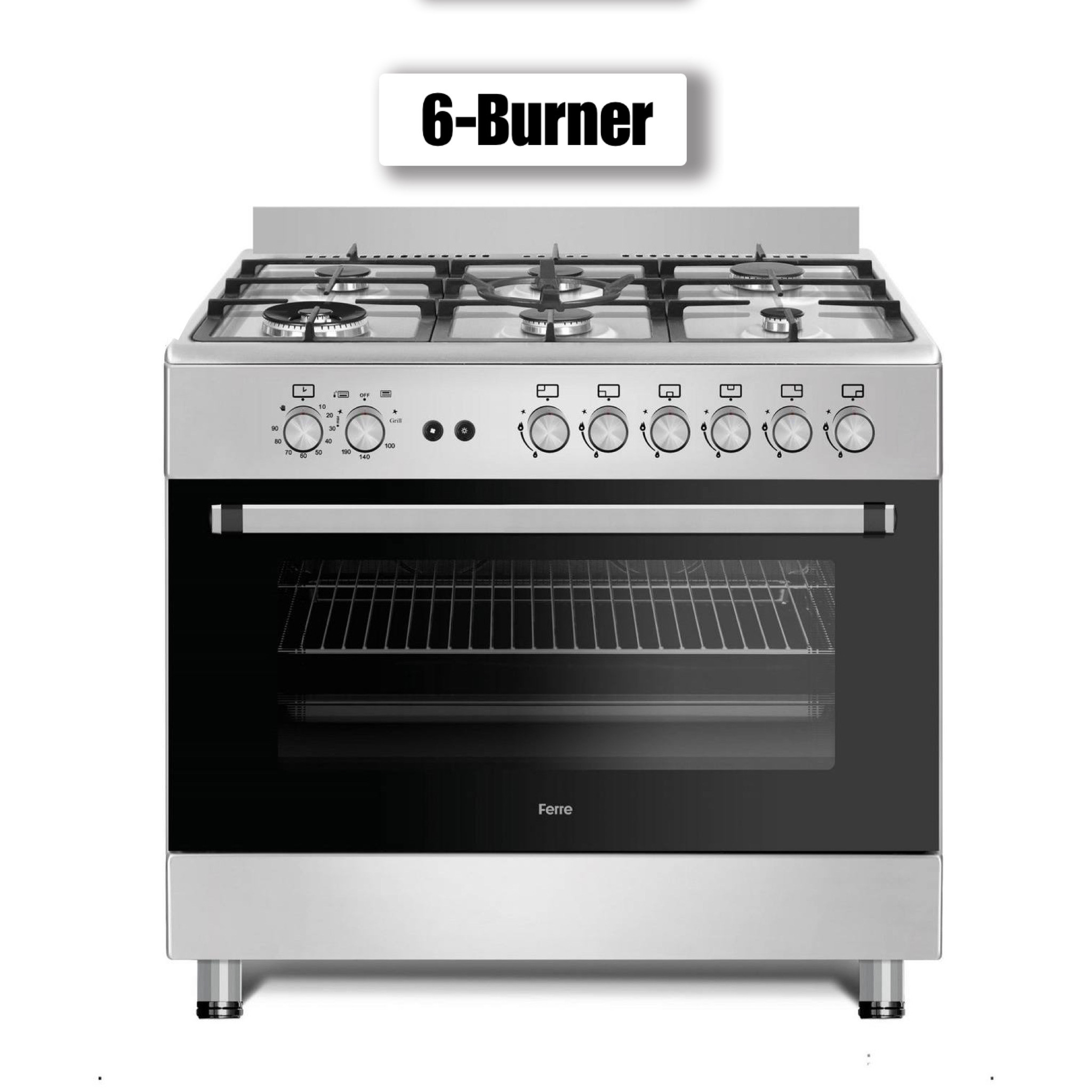 Ferre 90cm 6 burner gas cooker - cast iron support, auto ignition, oven grill ( silver )