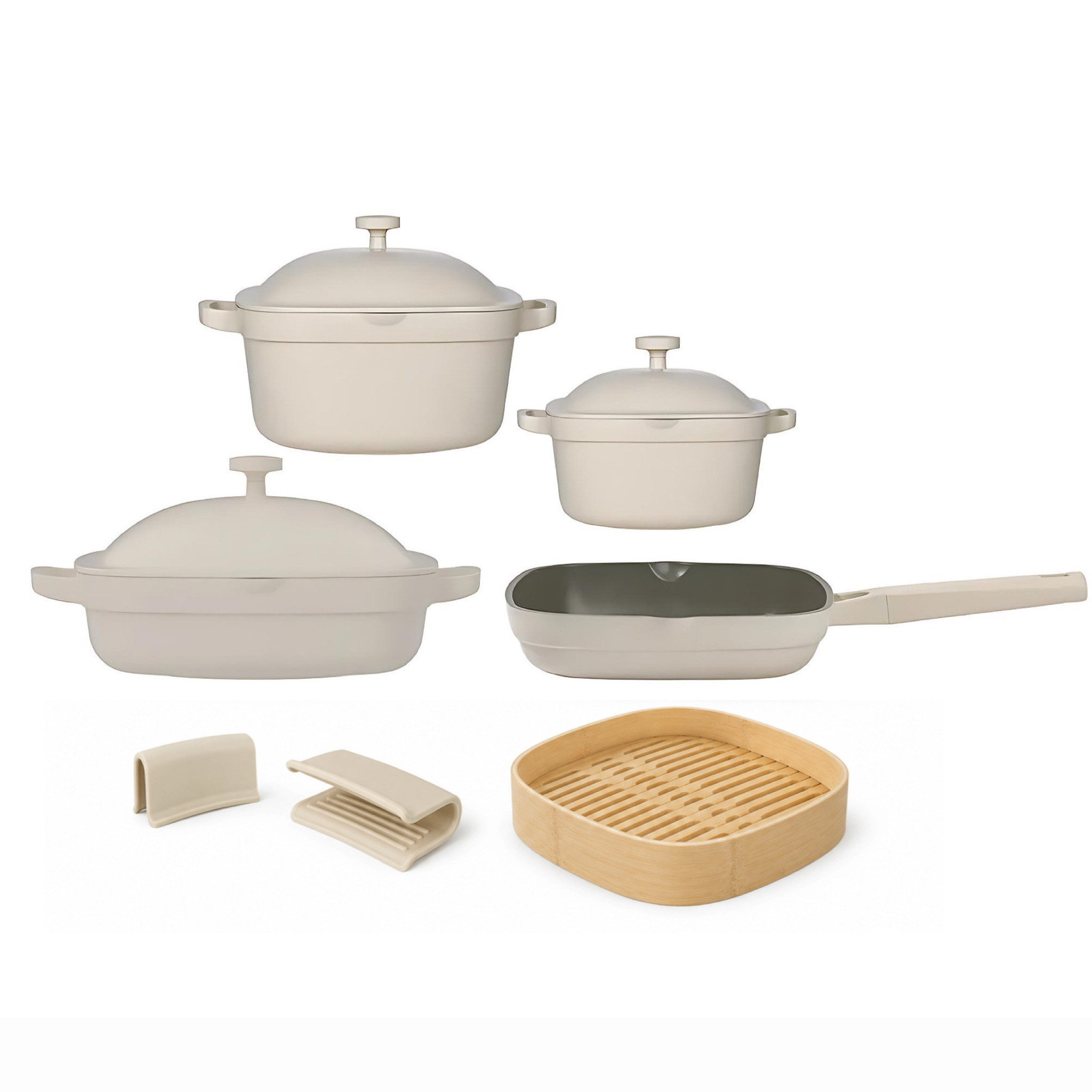 The Delicious Classic 10-Piece Ceramic Cookware Set with bamboo steamer