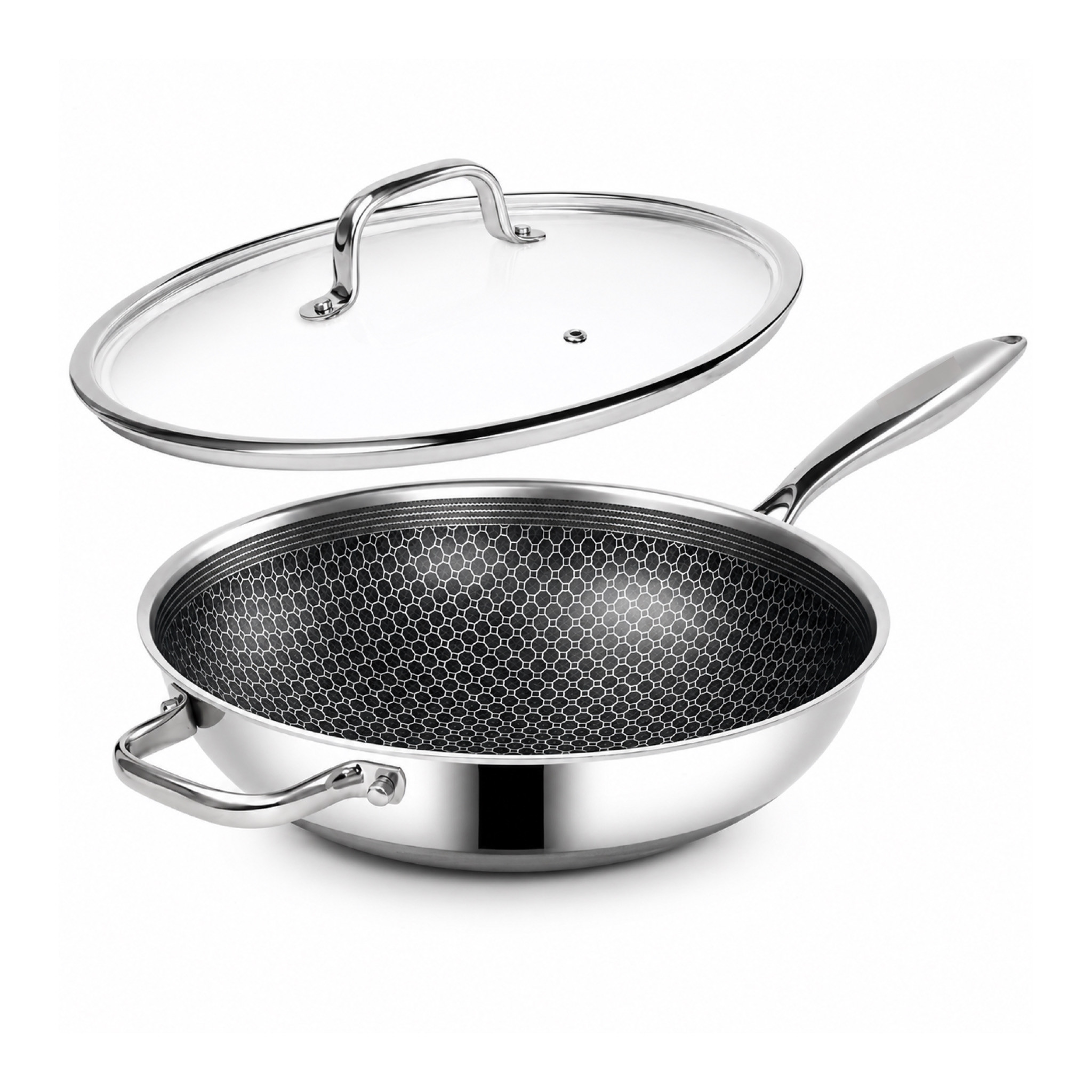 German Chef Hybrid 12-Inch Nonstick Stainless Steel Wok Pan With Lid, Stay-Cool Handle, PFOA Free, Compatible With All Cooktops