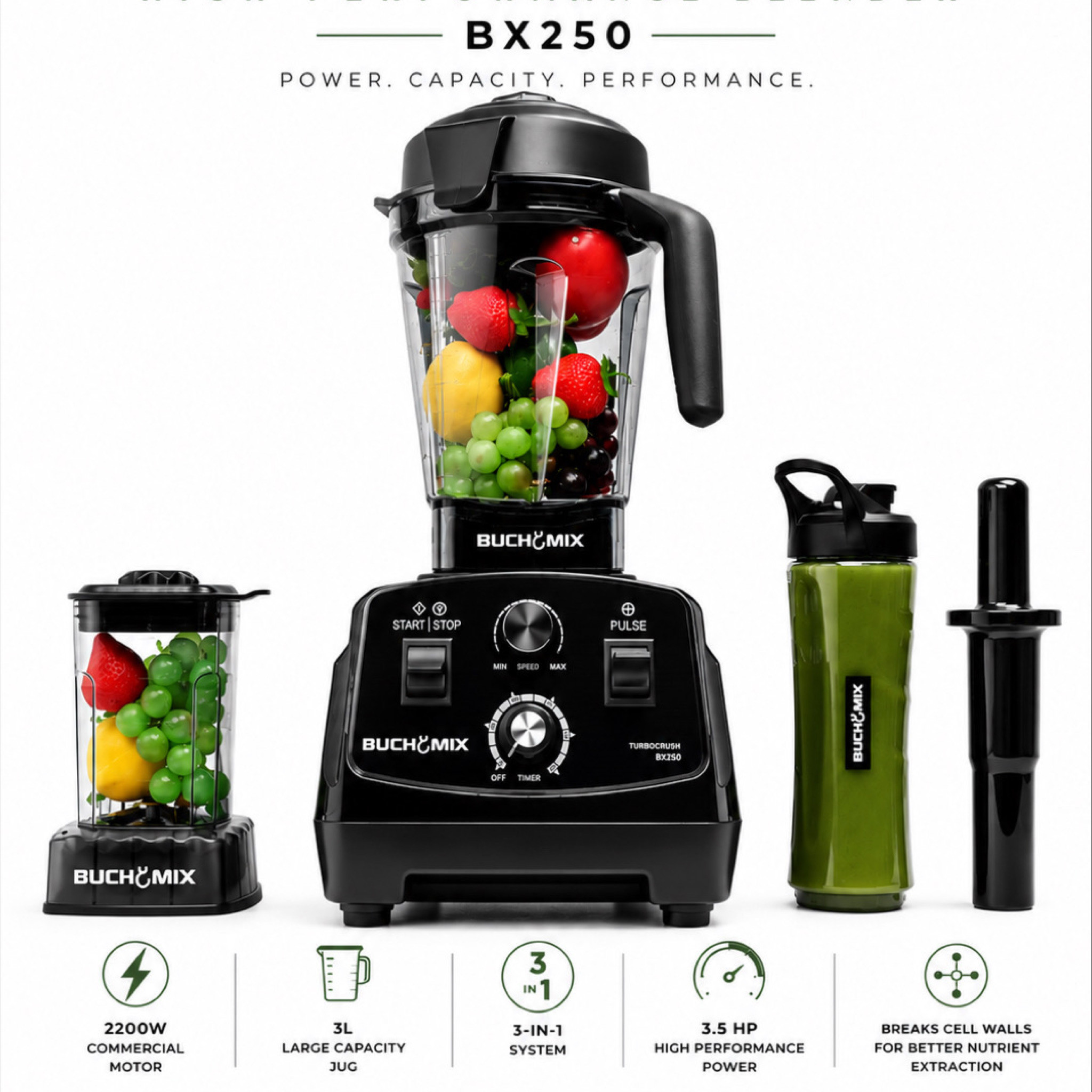 Buchymix 3L Turbocrush Large Capacity 2200W High Performance Blender BX250 – Black